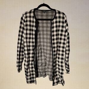 Classic Black White Checkered Talbots Open Front Cardigan Wool Blend L Petite